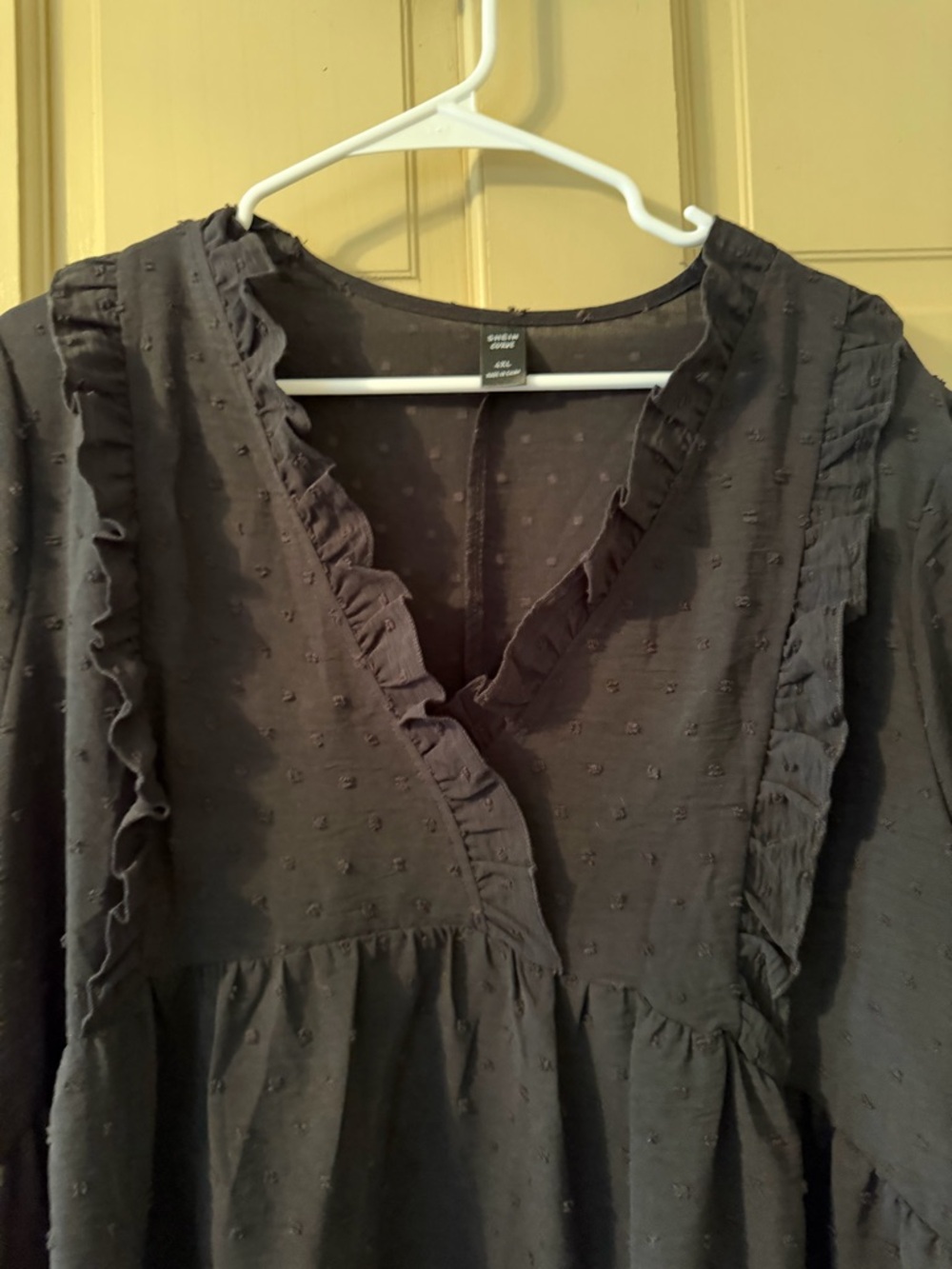 SHEIN Black Swiss Dot Peplum Blouse with Puff Sleeves - Picture 3 of 5